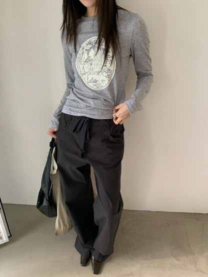 復古印花長袖T恤