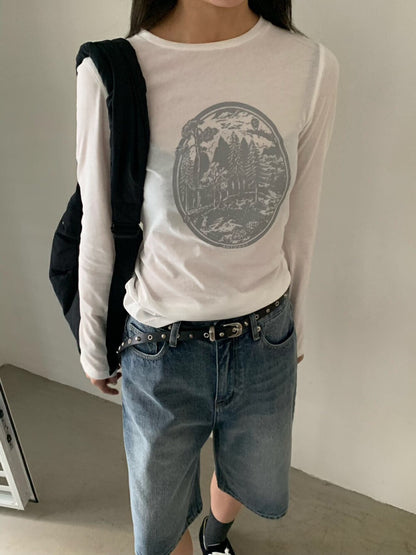 復古印花長袖T恤