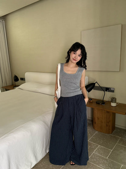 麻棉條紋廓形休閒褲