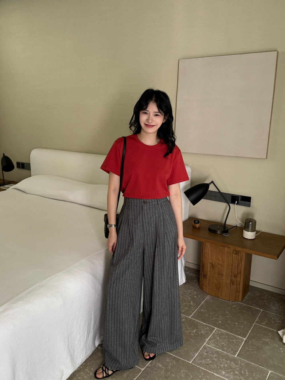 麻棉條紋廓形休閒褲