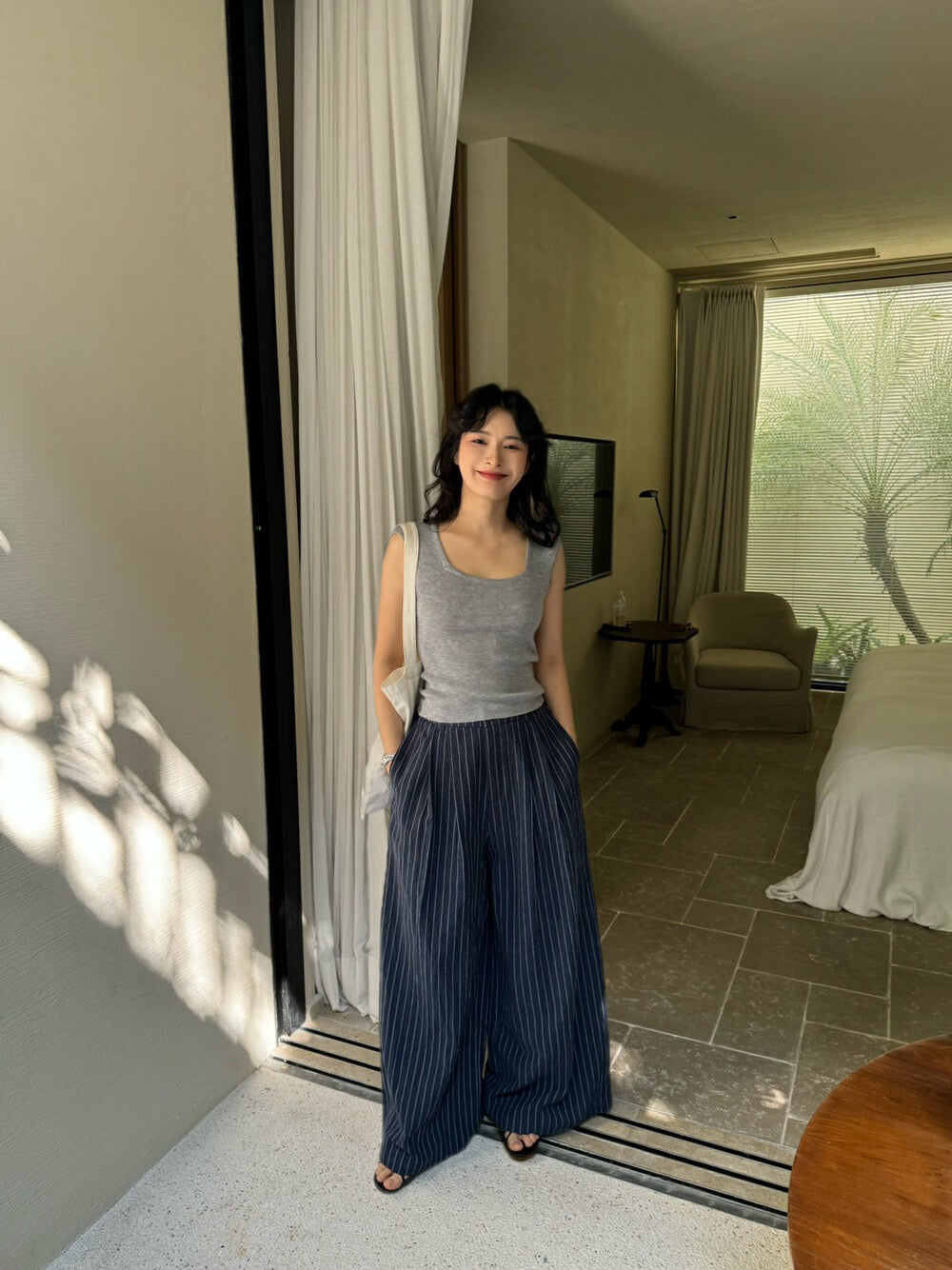 麻棉條紋廓形休閒褲