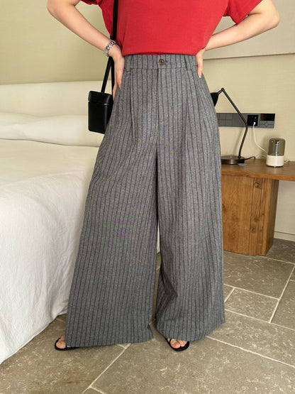 麻棉條紋廓形休閒褲