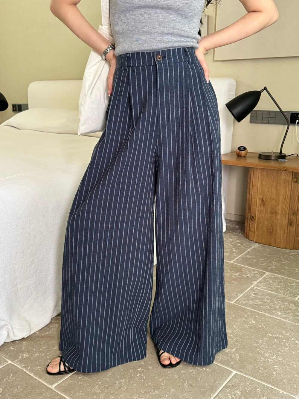 麻棉條紋廓形休閒褲