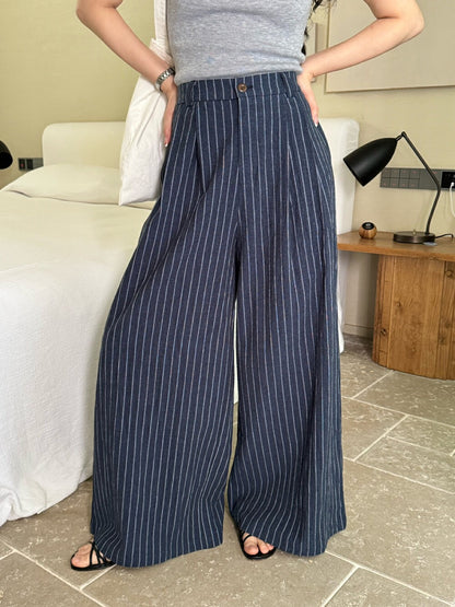 麻棉條紋廓形休閒褲