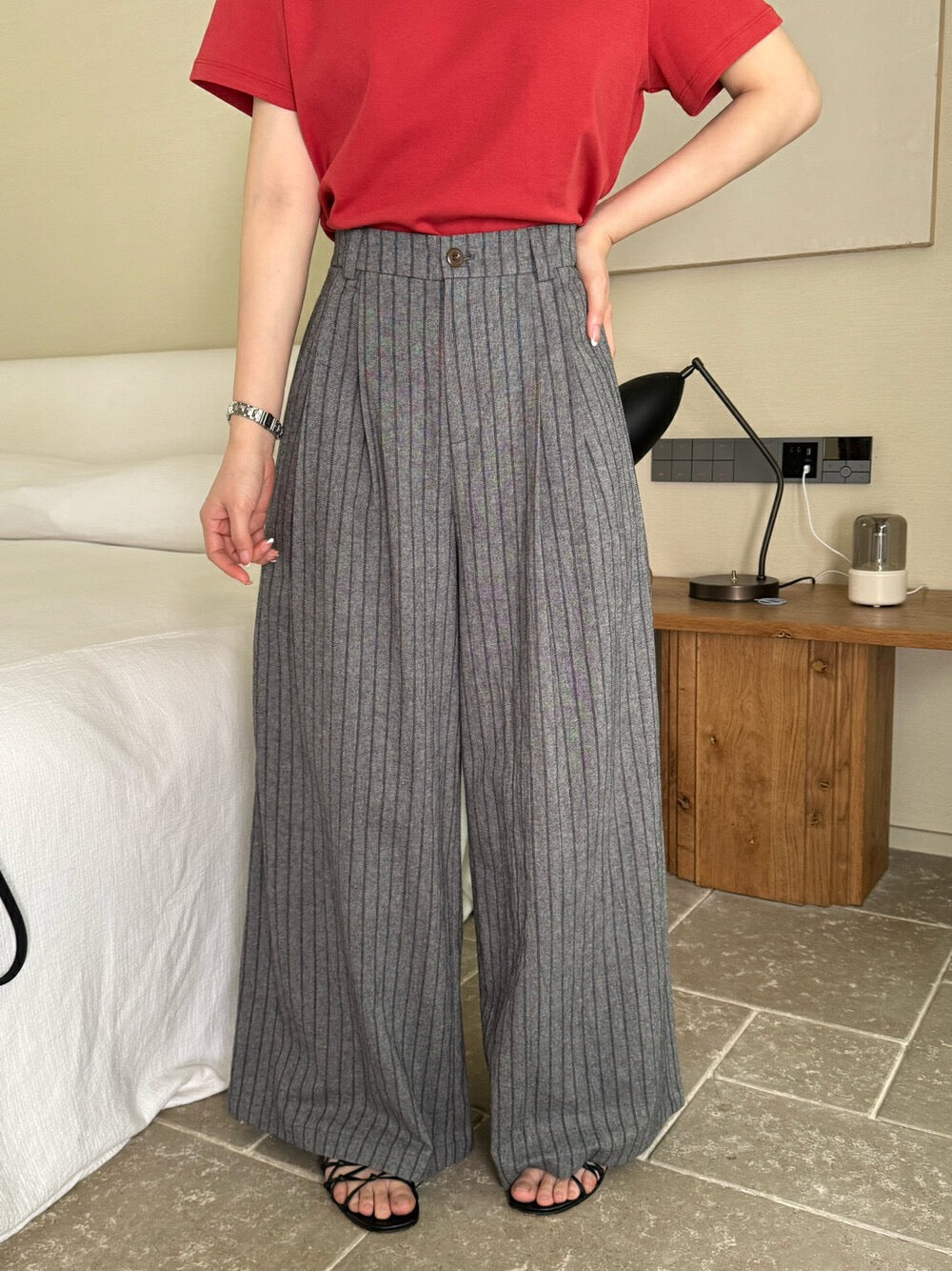 麻棉條紋廓形休閒褲