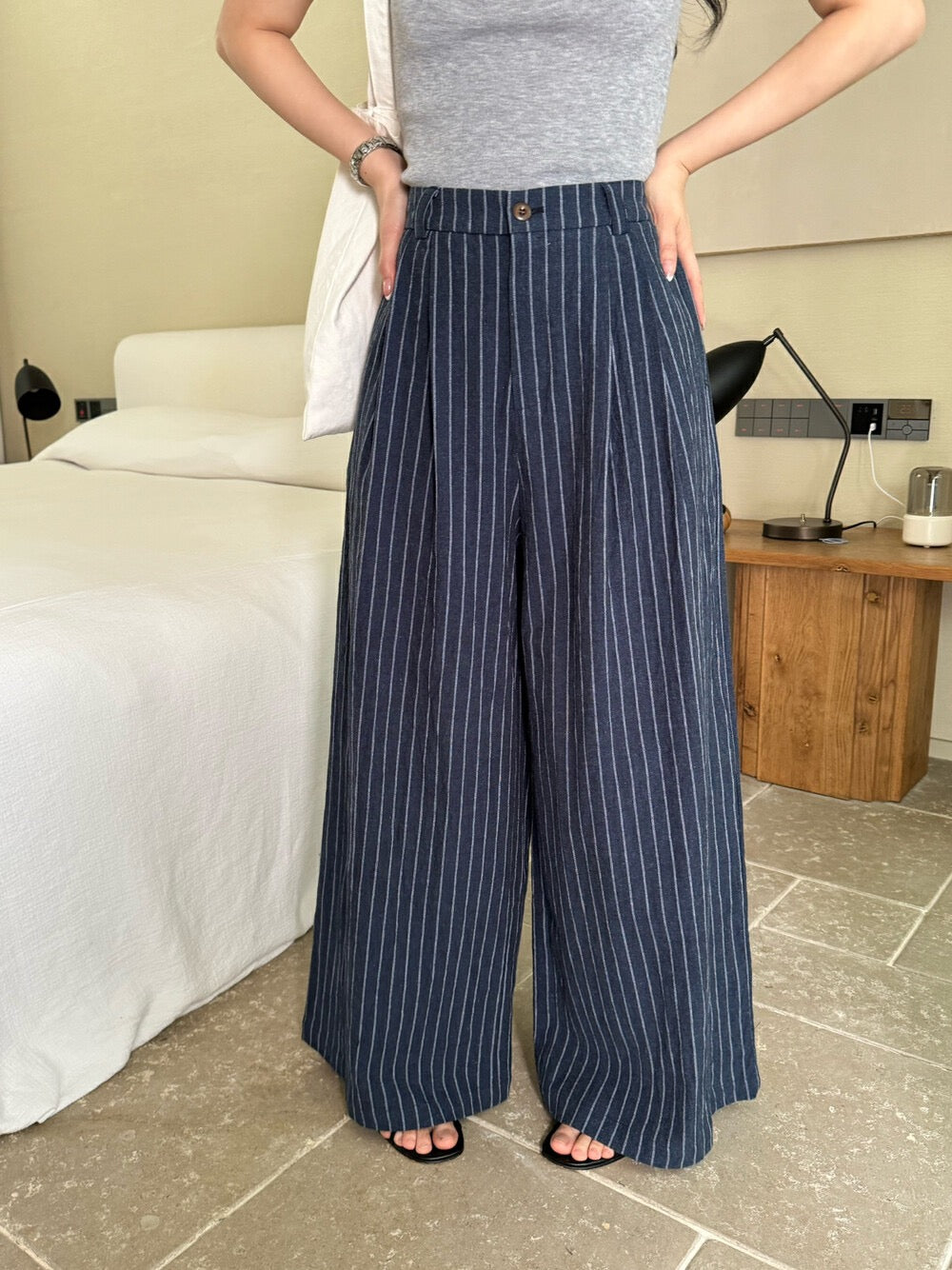 麻棉條紋廓形休閒褲