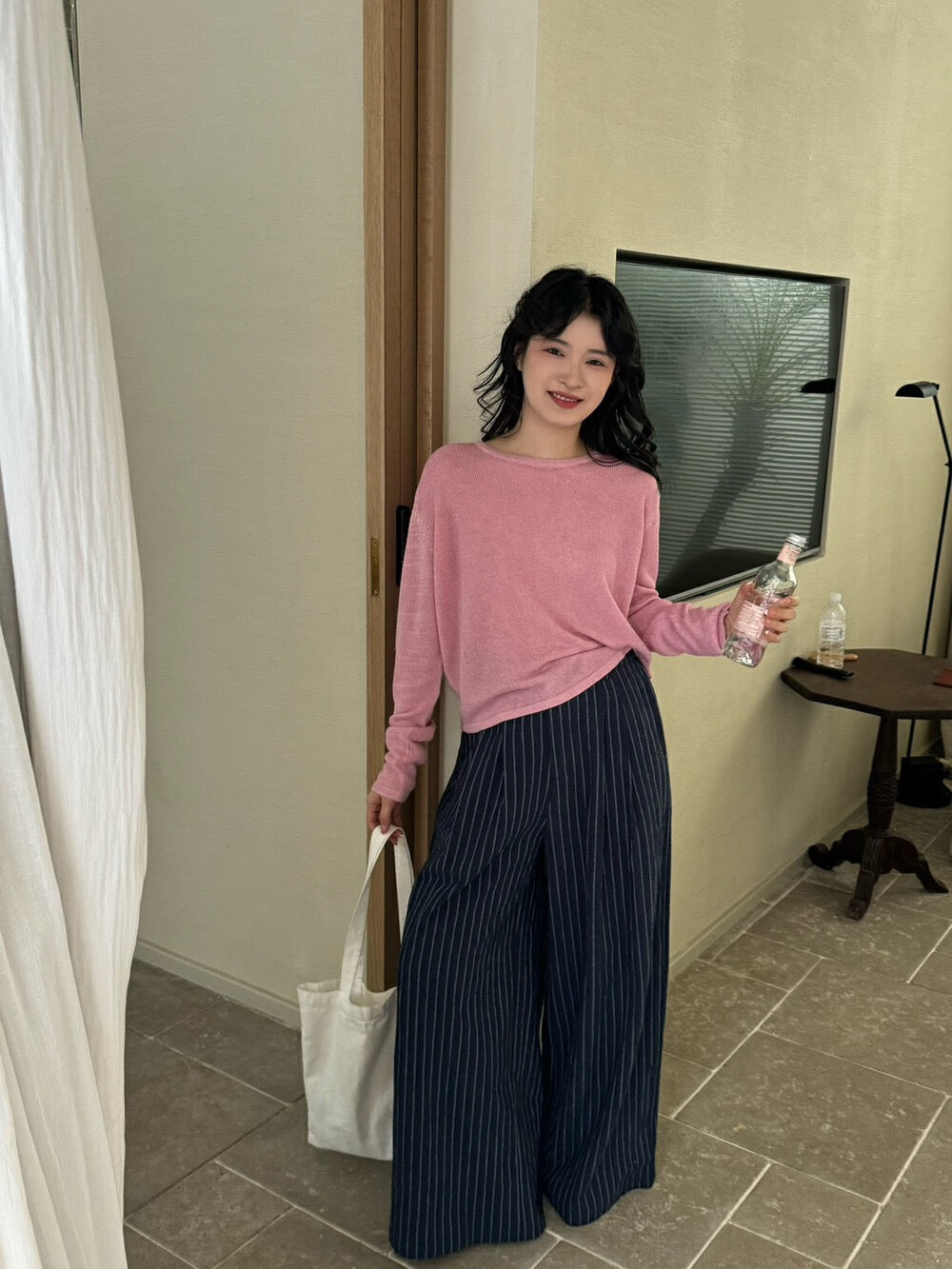 麻棉條紋廓形休閒褲