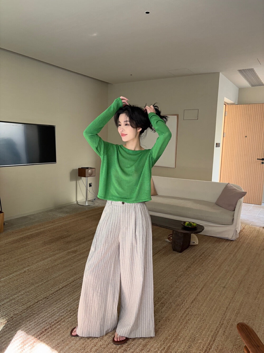 麻棉條紋廓形休閒褲