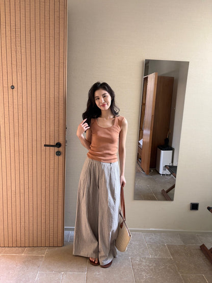 麻棉條紋廓形休閒褲