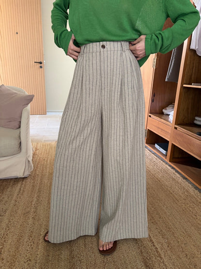 麻棉條紋廓形休閒褲