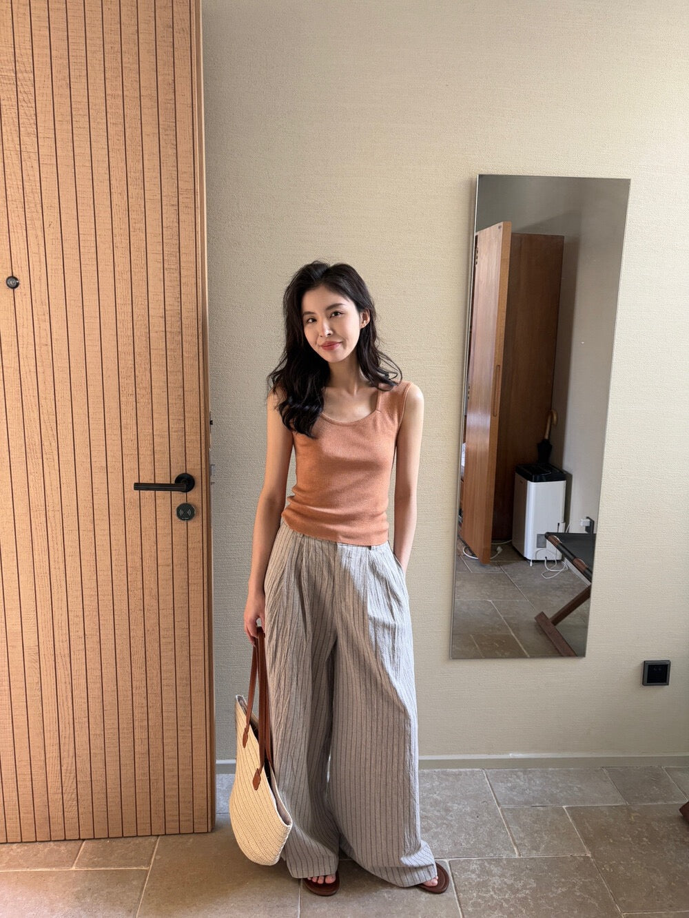 麻棉條紋廓形休閒褲