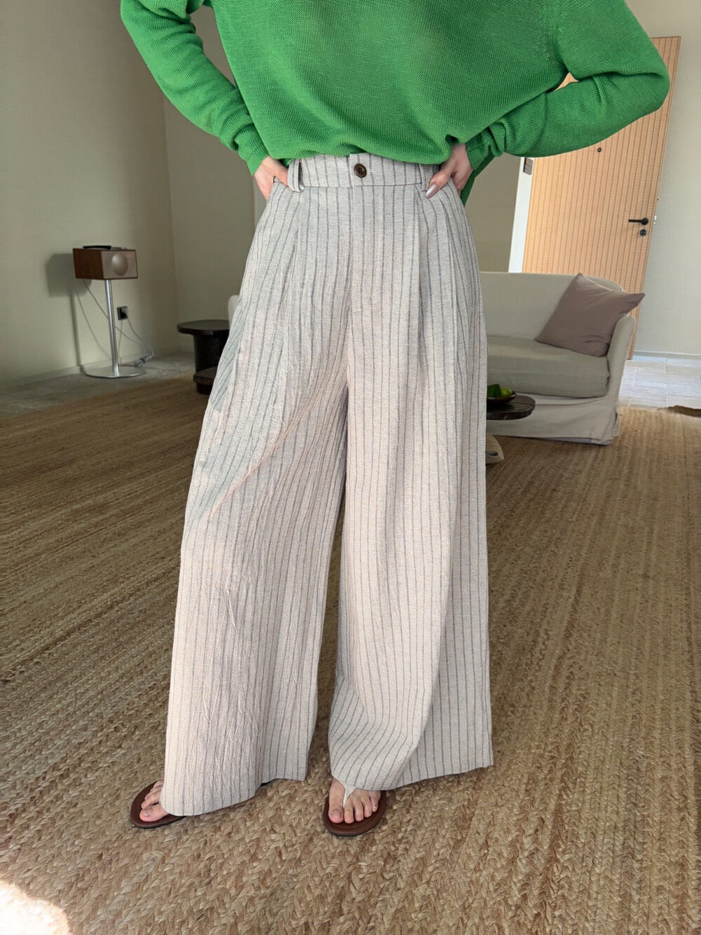 麻棉條紋廓形休閒褲