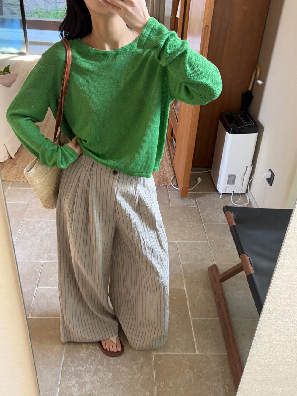 麻棉條紋廓形休閒褲