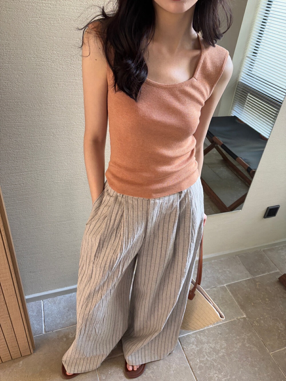 麻棉條紋廓形休閒褲