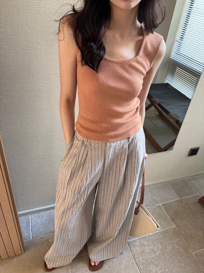 麻棉條紋廓形休閒褲