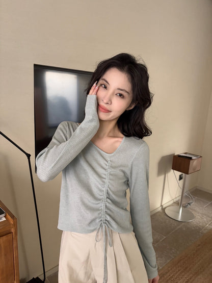 V領抽繩綁帶針織top