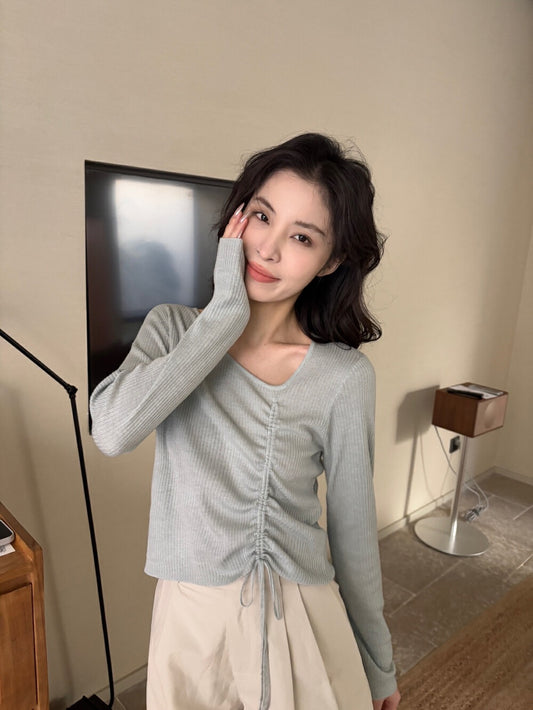 V領抽繩綁帶針織top