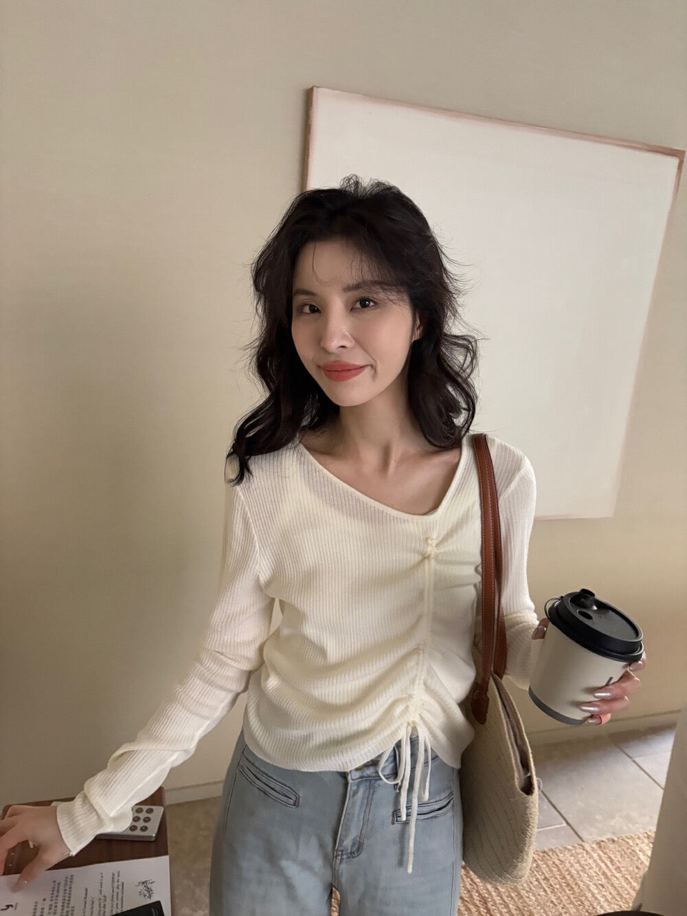 V領抽繩綁帶針織top