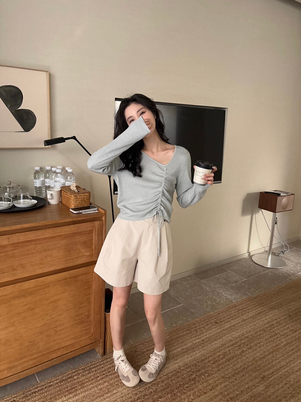 V領抽繩綁帶針織top