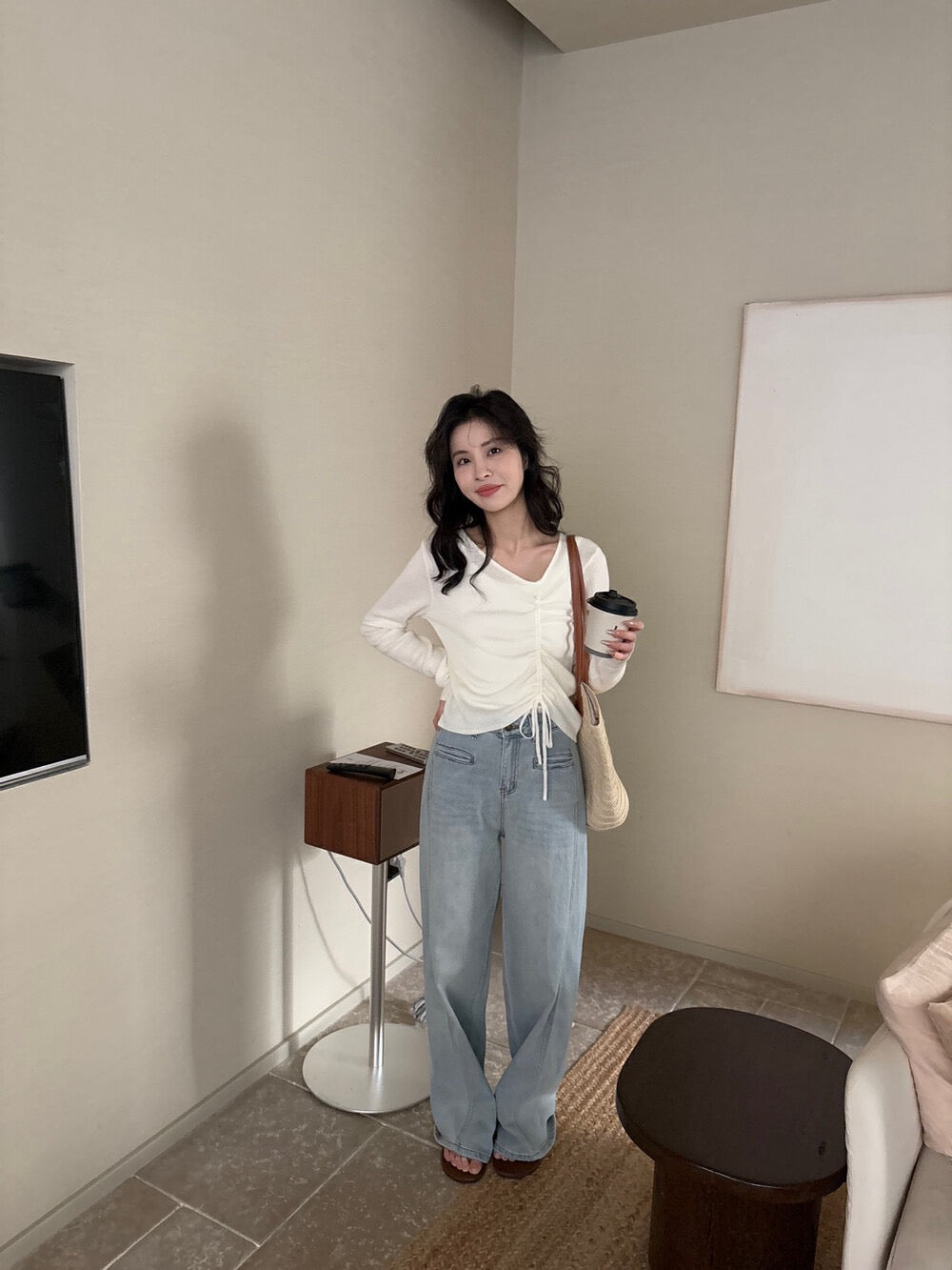 V領抽繩綁帶針織top