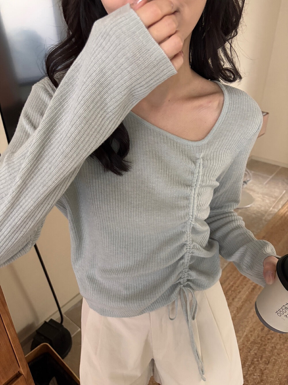 V領抽繩綁帶針織top