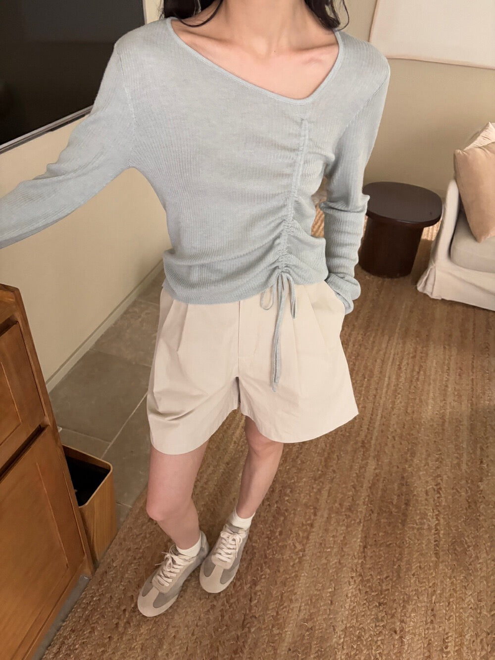 V領抽繩綁帶針織top