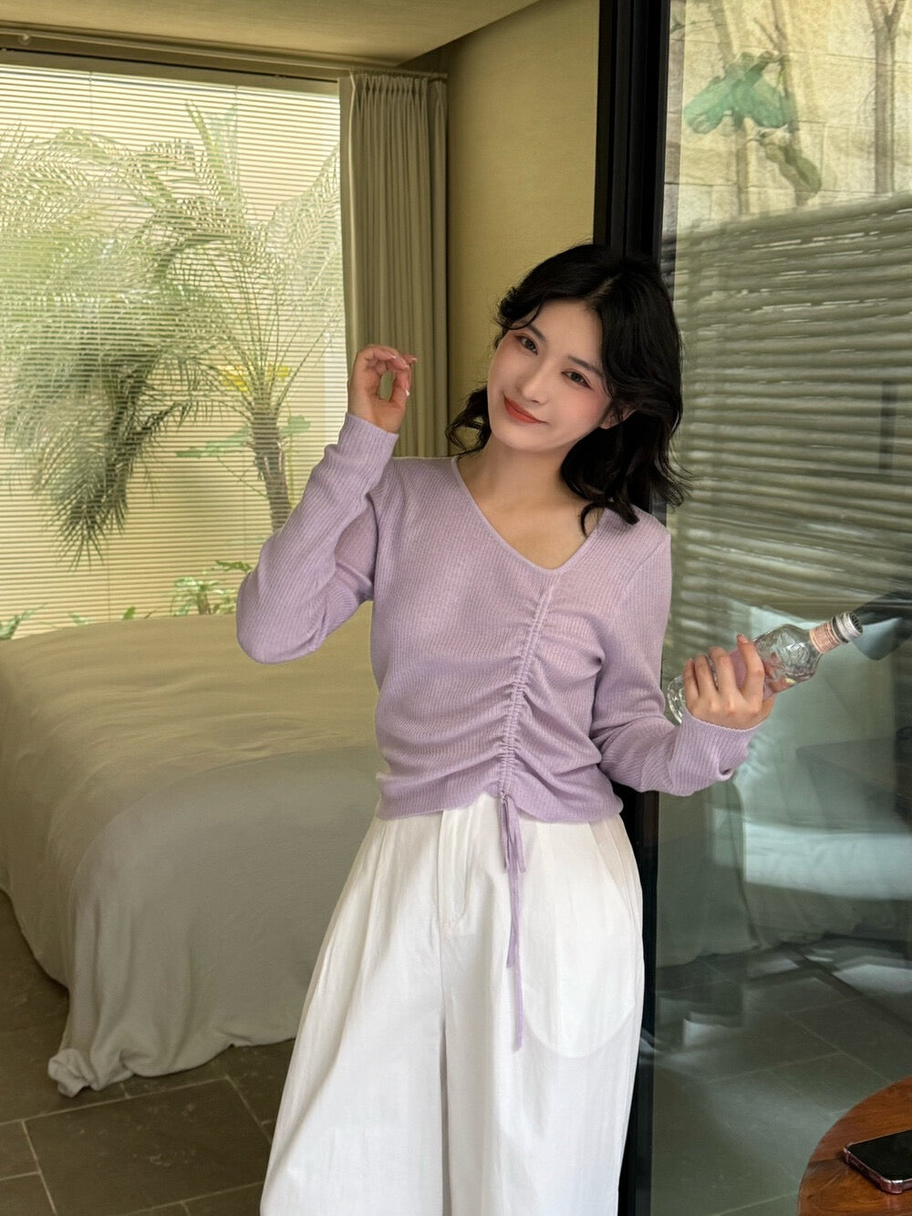 V領抽繩綁帶針織top