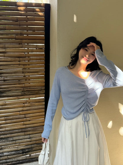 V領抽繩綁帶針織top