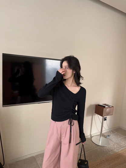 V領抽繩綁帶針織top