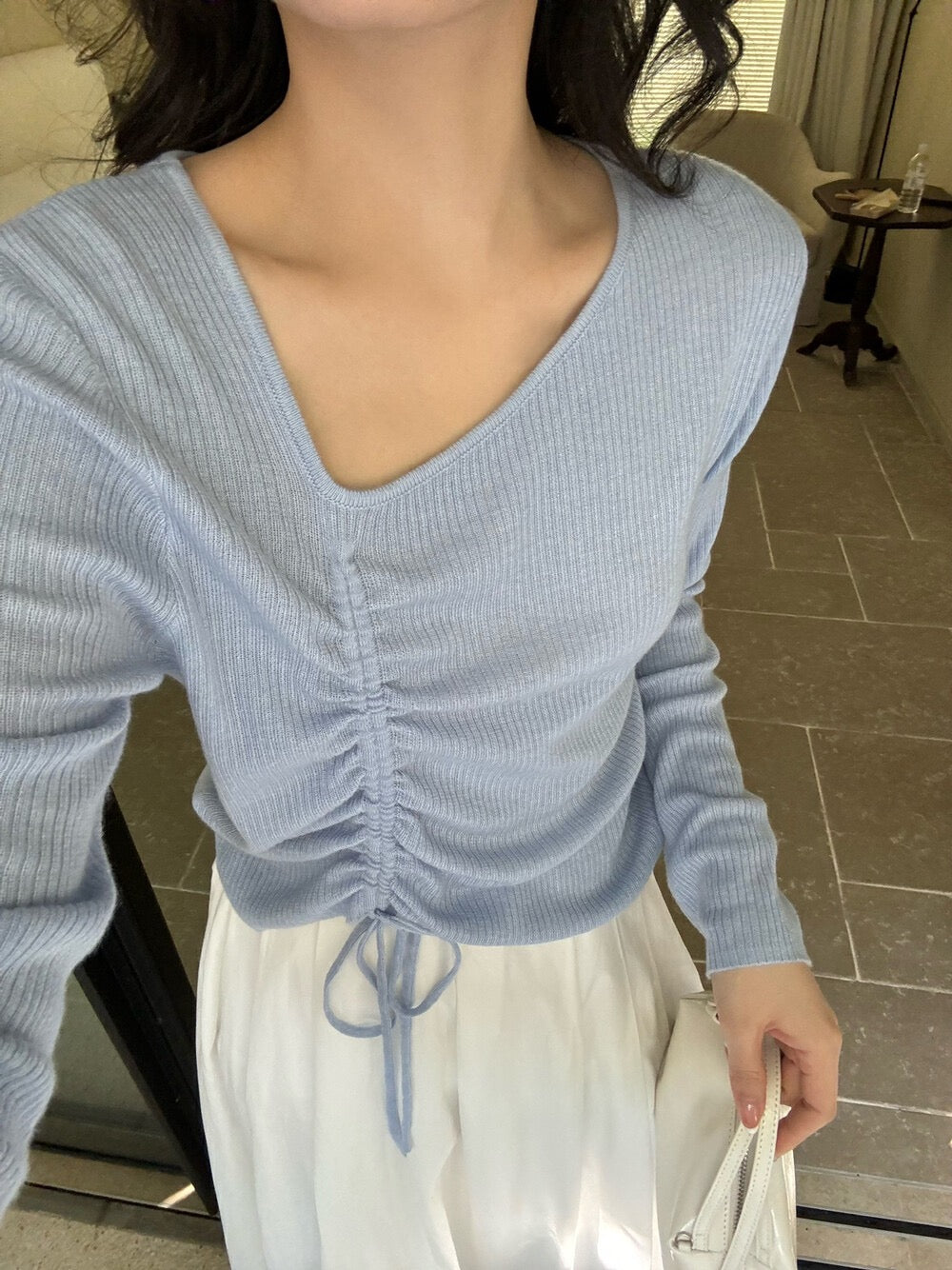 V領抽繩綁帶針織top