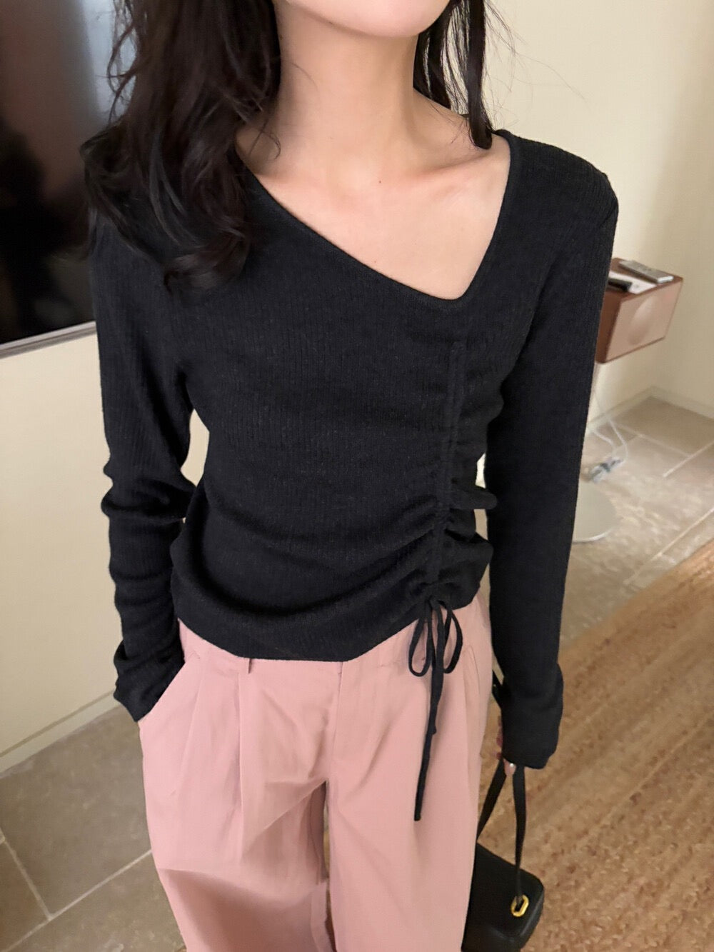 V領抽繩綁帶針織top