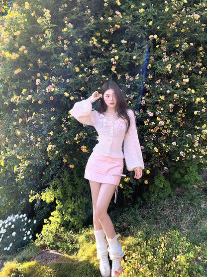 甜美花朵針織開衫