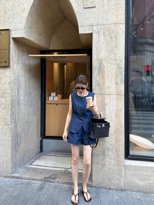 Minimalist Loose Vest + Wide-leg Denim Shorts Set