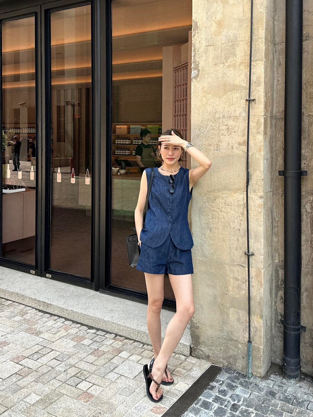 Minimalist Loose Vest + Wide-leg Denim Shorts Set