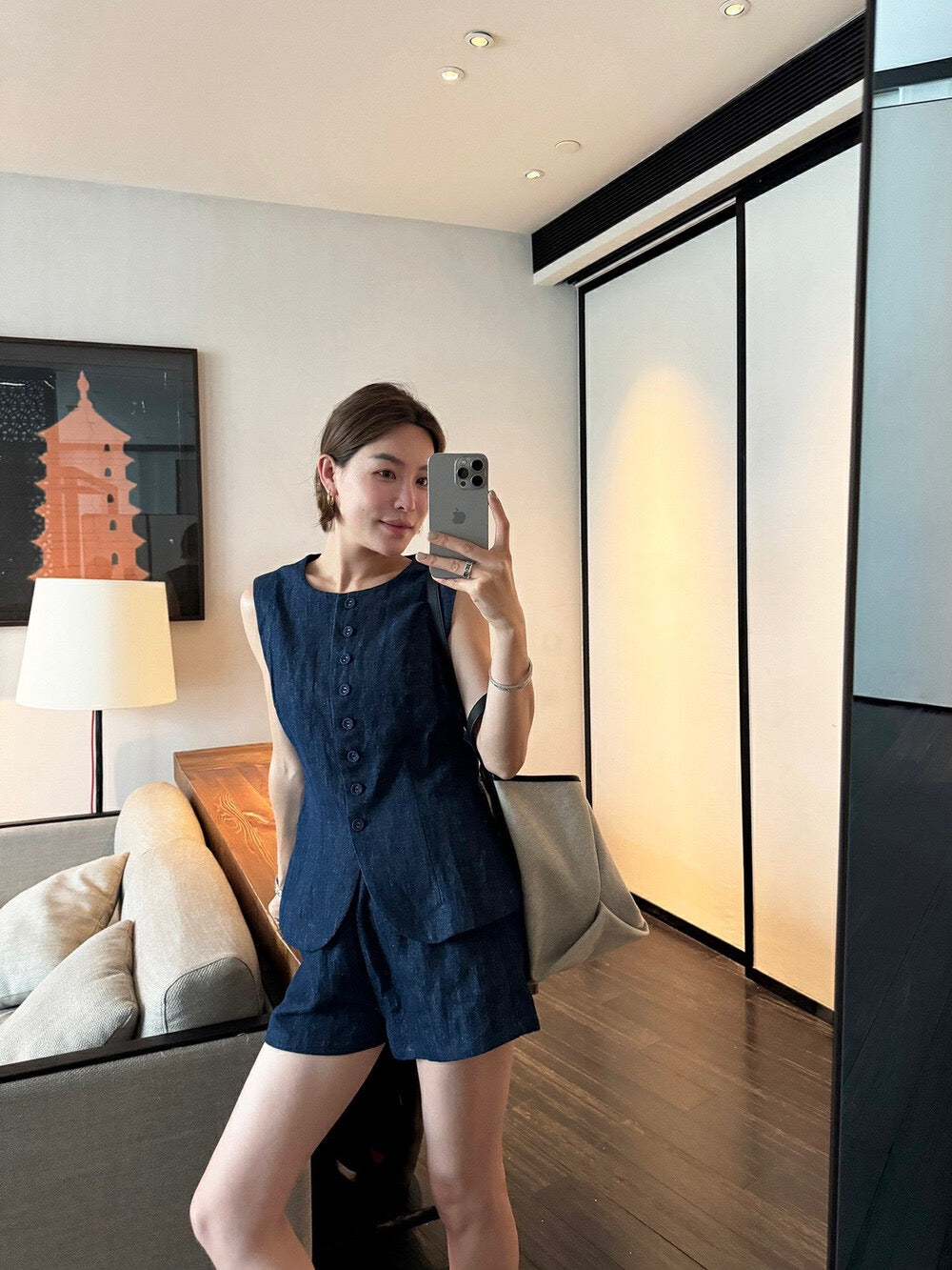 Minimalist Loose Vest + Wide-leg Denim Shorts Set