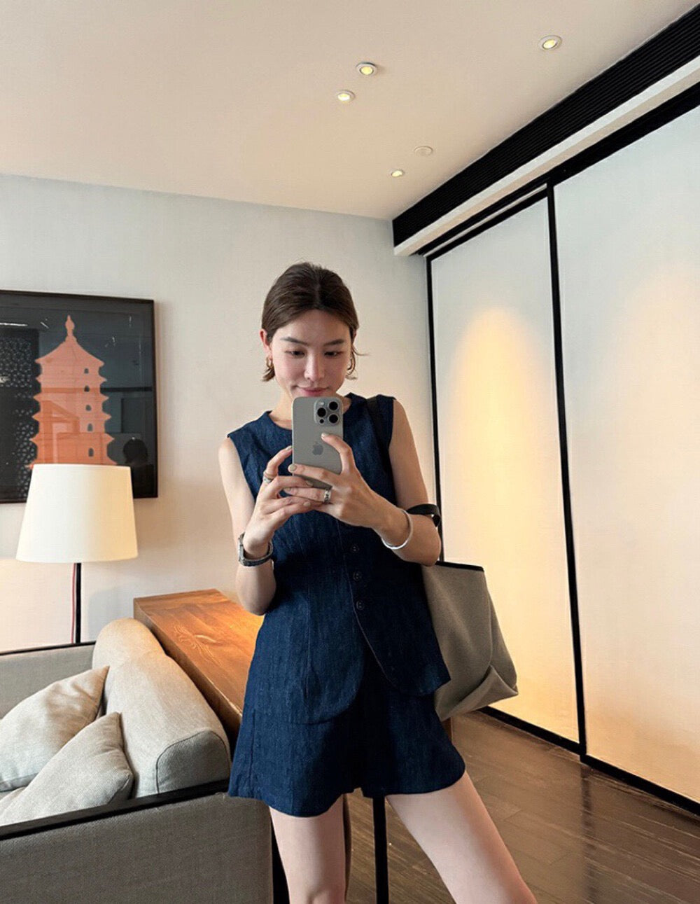 Minimalist Loose Vest + Wide-leg Denim Shorts Set