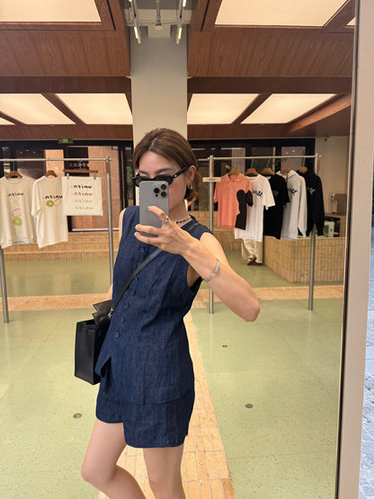 Minimalist Loose Vest + Wide-leg Denim Shorts Set