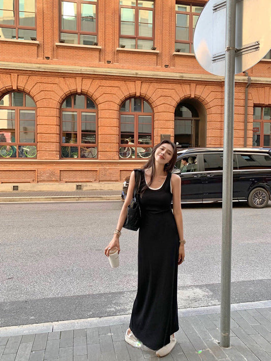 假兩件撞色背心連身裙