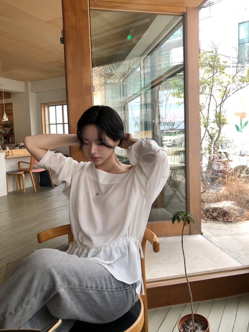 French Off-Shoulder Drawstring Blouse