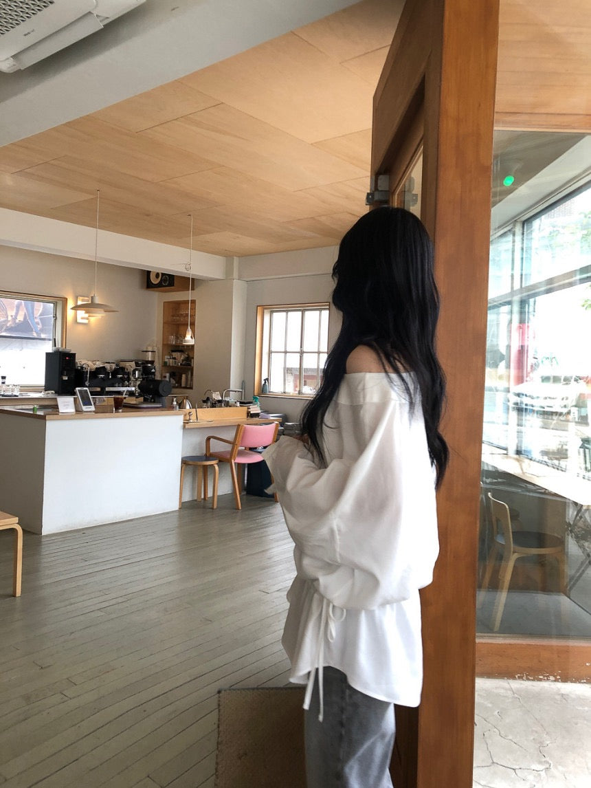 French Off-Shoulder Drawstring Blouse
