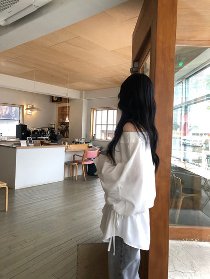 French Off-Shoulder Drawstring Blouse