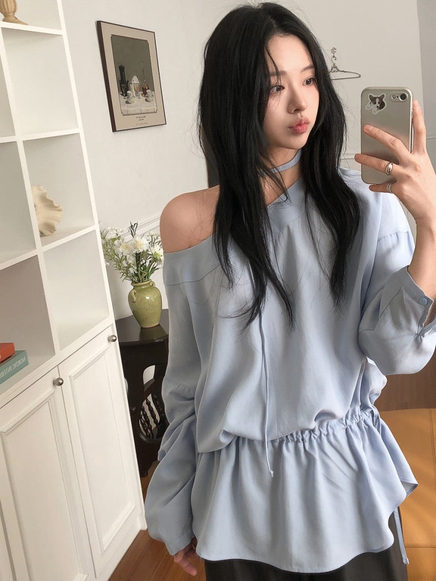 French Off-Shoulder Drawstring Blouse