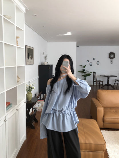 French Off-Shoulder Drawstring Blouse
