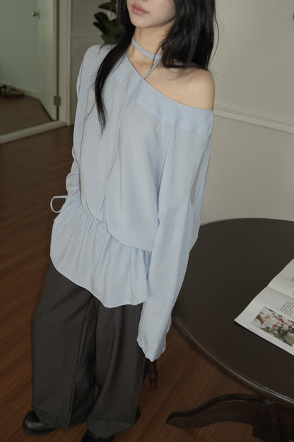 French Off-Shoulder Drawstring Blouse