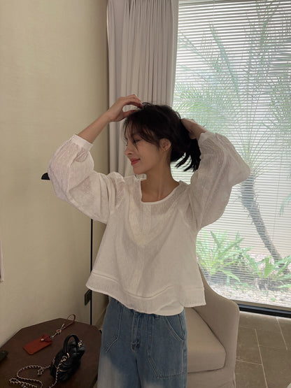 圓領甜美泡泡袖恤衫