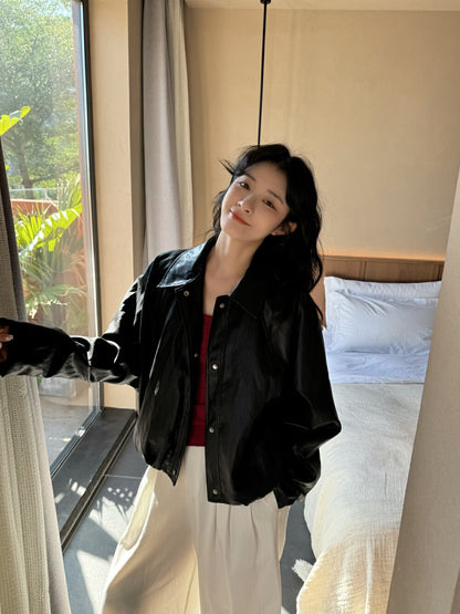 Minimalist Small Lapel Leather Jacket