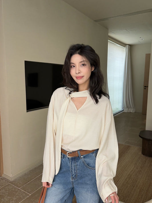 麻棉V領飄帶恤衫