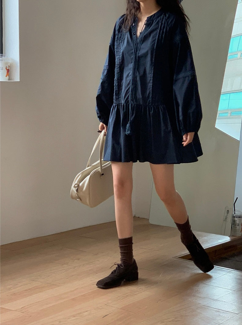 立領拼接蕾絲荷葉邊連身裙