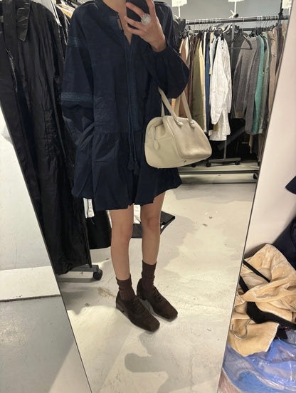 立領拼接蕾絲荷葉邊連身裙