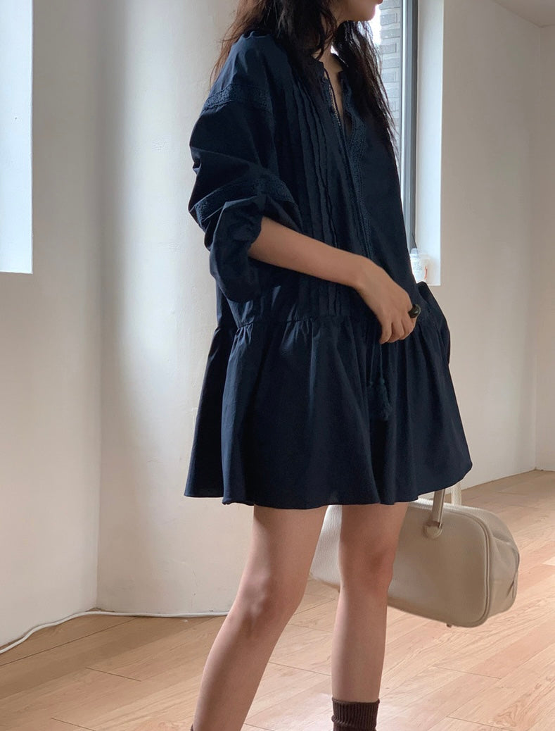 立領拼接蕾絲荷葉邊連身裙